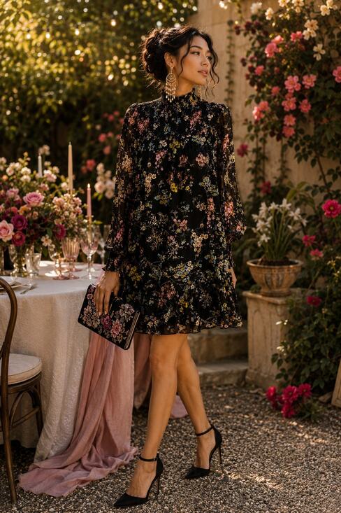 cinq a sept Dresses & Skirts - Cinq à Sept Black Floral Smocked Mini Dress Size 8 Romantic Ruffle Mock Neck